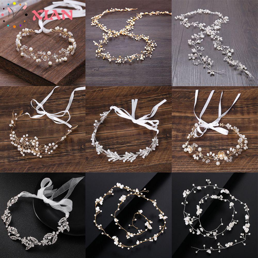 Cài tóc vương miện cô dâu thiết kế lá đính ngọc trai thanh lịch thời trang