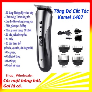 Tông Đơ Cắt Tóc Kiêm Máy Cạo Râu , Tỉa Lông Mũi 3 in 1, Máy Cạo Râu Sạc Đa Năng Kemei 1407 Chính Hãng