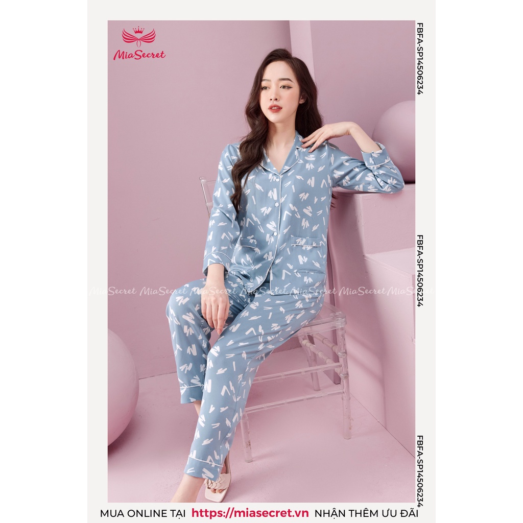 Bộ Đồ Ngủ Pijama Mia Secret Lụa Tuyết Cao Cấp - Họa Tiết Vệt Trắng Nền Xanh Dài Tay - SP14506234