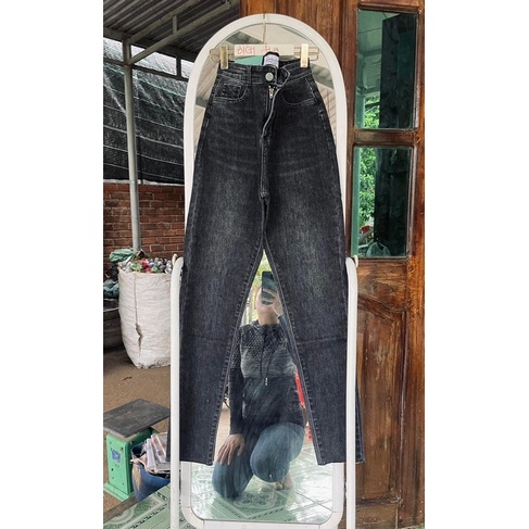 Jeans dài lưng cao co giãn tua lai