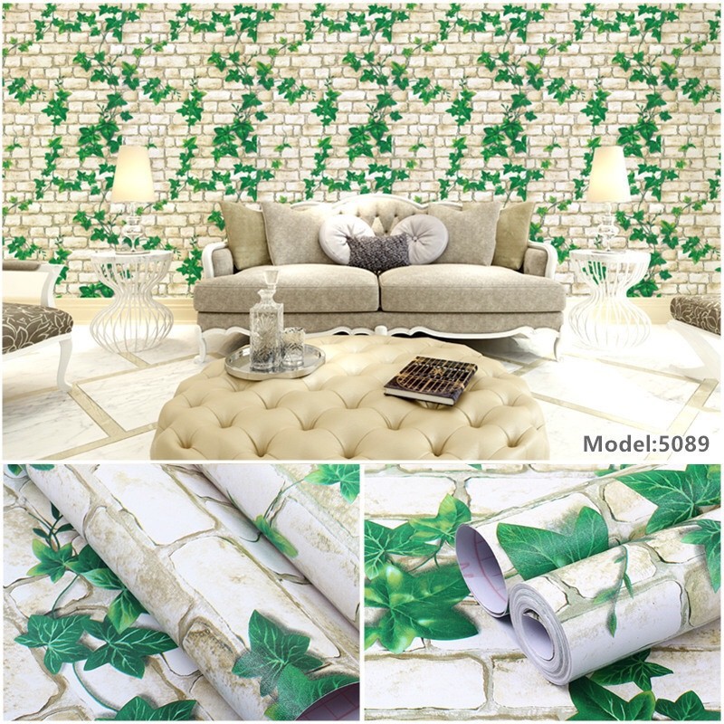 10M GIẤY DÁN TƯỜNG GẠCH TRẮNG DÂY LEO KHỔ RỘNG 45CM 5089, decal trang trí hoa lá.