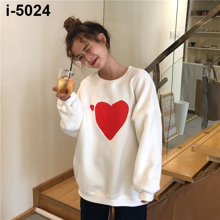 Áo Thun Sweater Nữ Tay Dài Bo Vây Cá In Trái Tim Đỏ Rẻ Bền Đẹp ATN5024