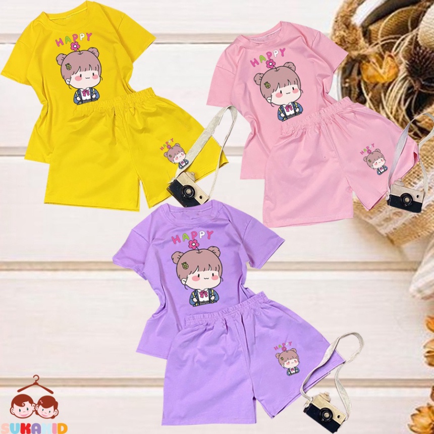 Đồ bộ ngắn tay bộ bé gái hinh bé gái happy cành hoa cho be từ 6kg-29kg.BDBG62.