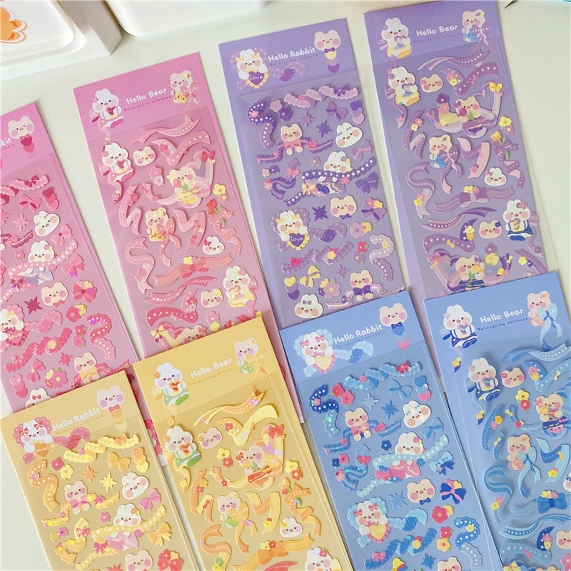 Sticker Hello rabbit-bear_ hình dán trang trí top,card