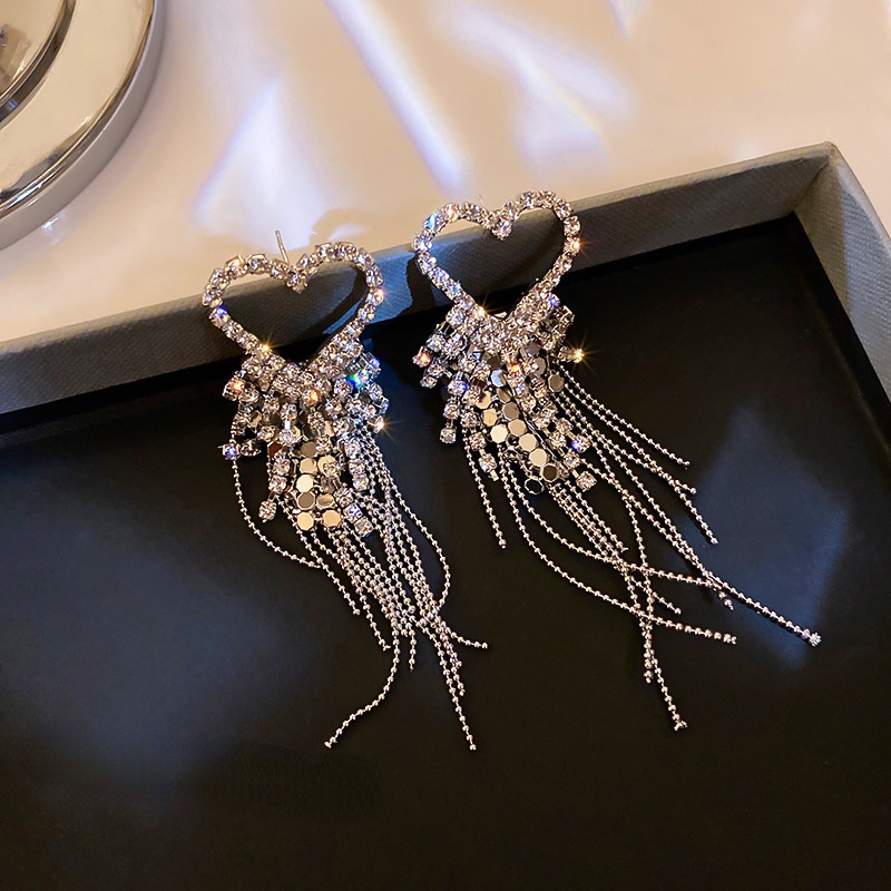 Bông Tai Mạ Bạc 925 Dáng Dài Phối Tua Rua Đính Đá Kim Cương Phong Cách Hàn Quốc