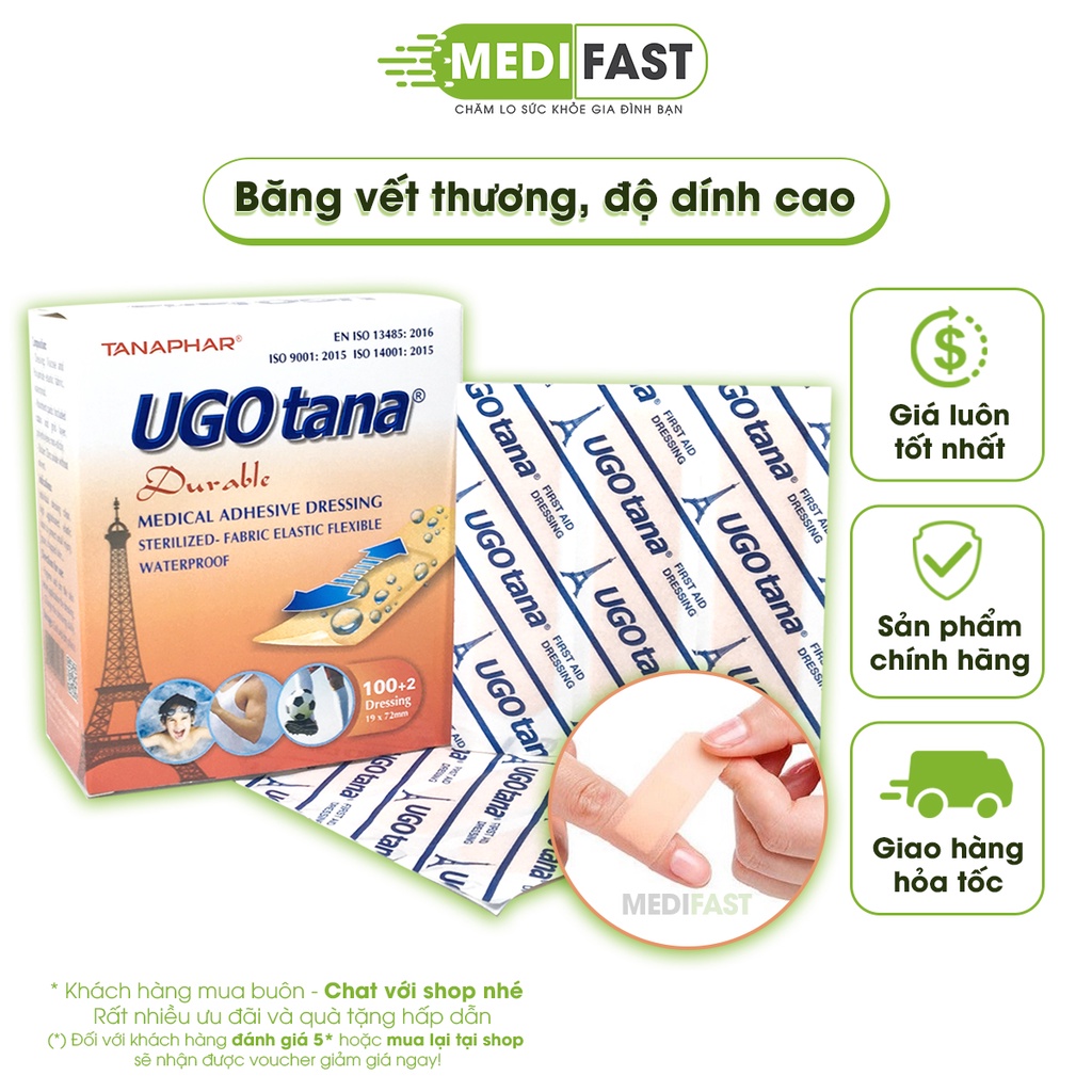 Băng dính cá nhân y tế UGOTANA – Hộp 102 miếng - Băng cá nhân số 1 tại Việt Nam băng vết thương nhỏ, đứt tay, xước chân