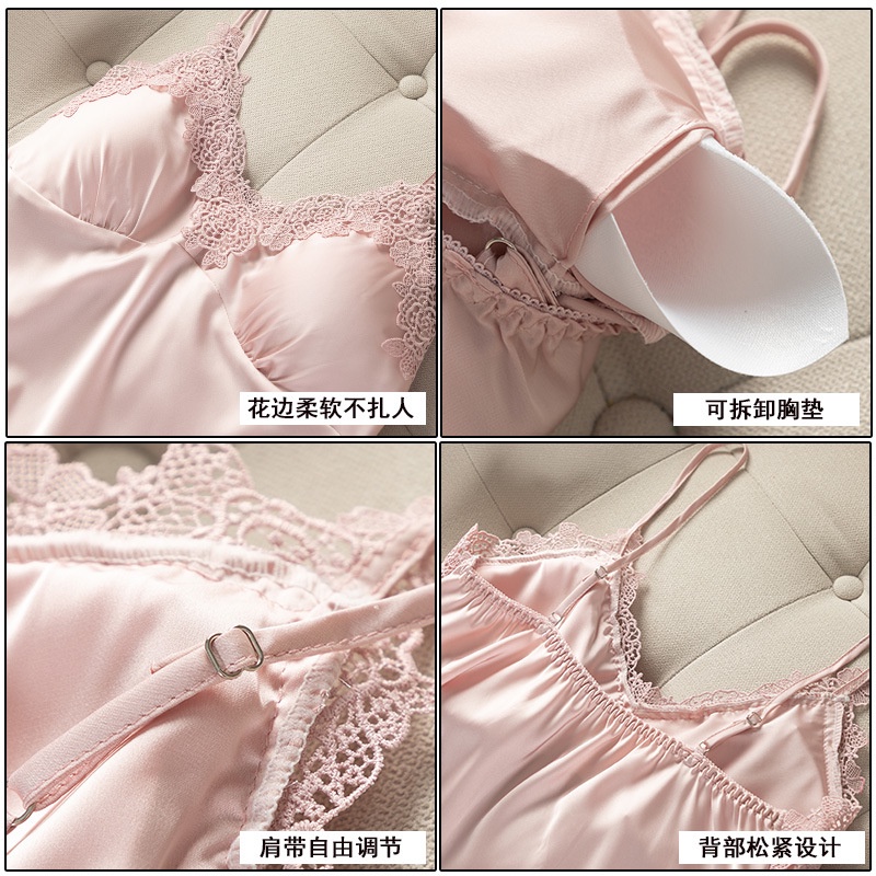 Đầm ngủ hai dây hở lưng vải lụa lạnh phối ren quyến rũ thời trang hè cho nữ