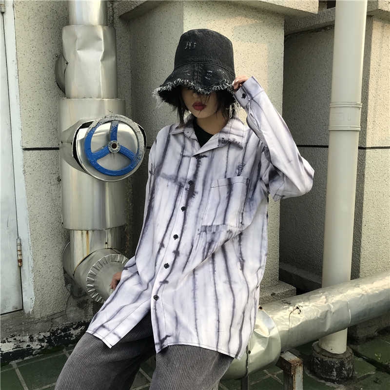 [Miễn Phí Vận Chuyển] Áo Sơ Mi Dài Tay 229609Áo Sơ Mi Dáng Rộng In Màu Nhuộm Kiểu Harajuku Cá Tính