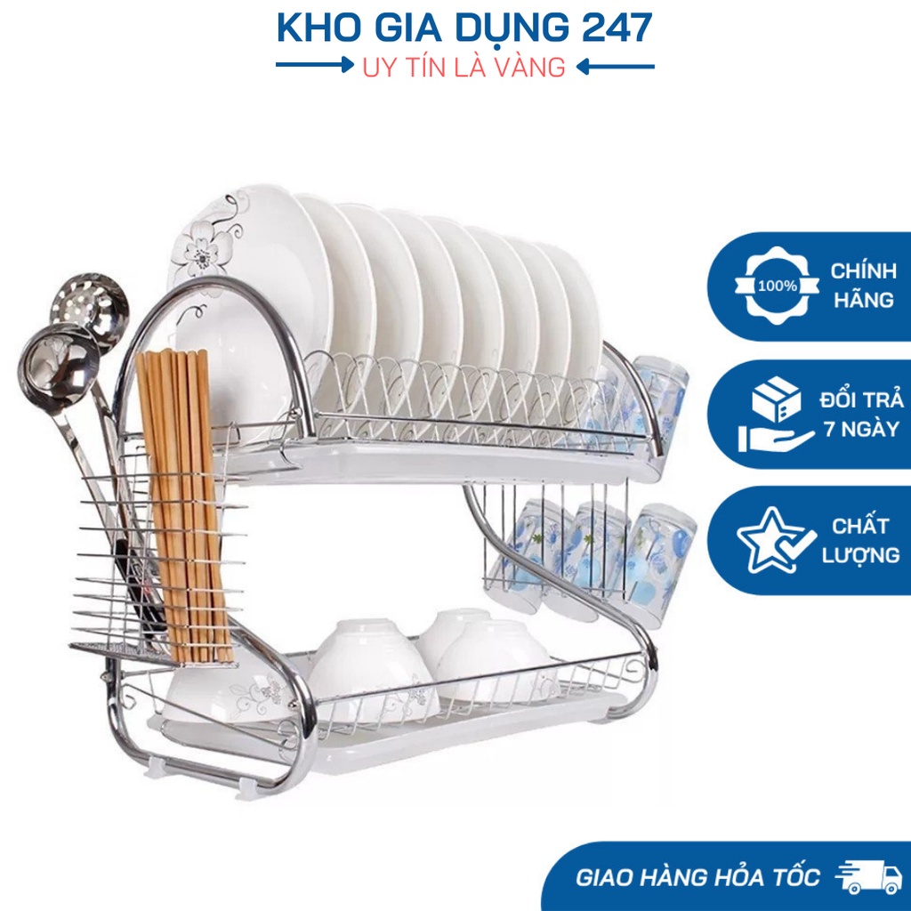 Kệ Úp Bát Chén Đĩa Inox 2 Tầng - Kệ Inox Để Bát Đĩa Khô Ráo Có Đĩa Hứng Nước Bên Dưới