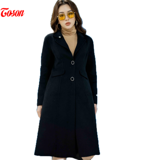 Áo dạ lông cừu đen dáng dài, cổ cúc trang trí Toson 96079B31