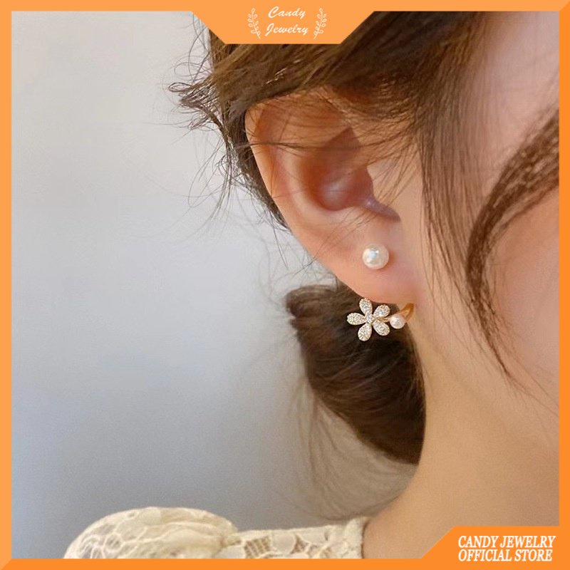 Khuyên tai MANYUE hình bông hoa đính ngọc trai nhân tạo phong cách Hàn Quốc sang trọng