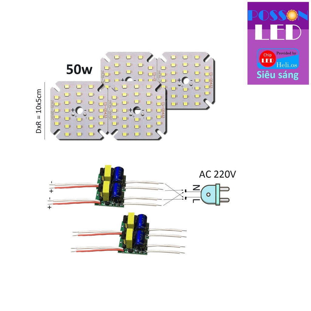 2 Bảng bo vỉ mạch Led 50w 60 chip Led 2835 mắt Led siêu sáng +nguồn driver AC220V MLC-50x(2x30x