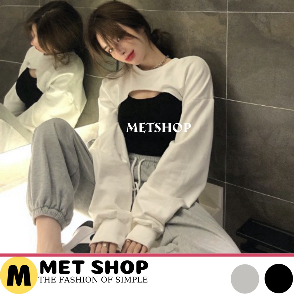 Set áo croptop khoét ngực tay dài kèm áo 2 dây ôm body ,bộ 2 món áo thun crt phong cách ulzz ROSÉ Blackpink -METSHOP