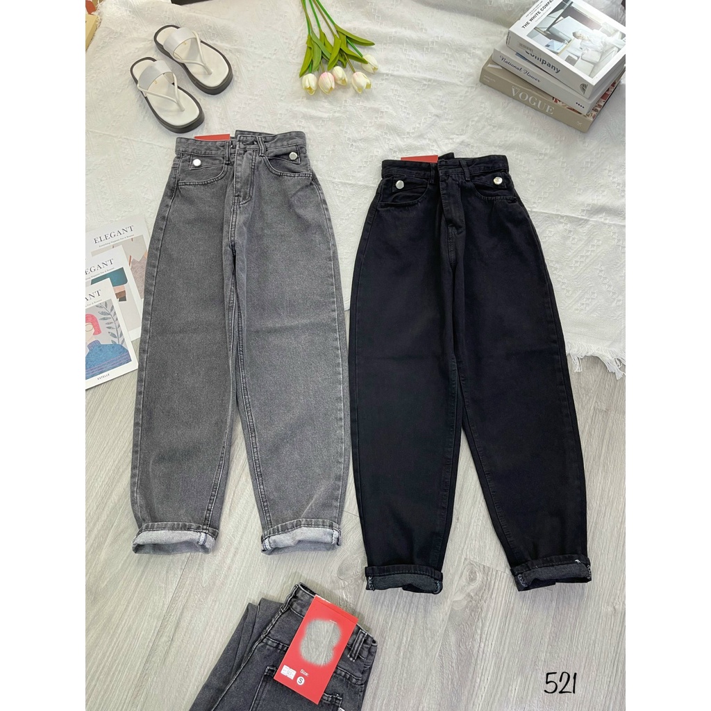 [BGHL521] QUẦN BAGGY JEANS NỮ LƯNG CAO 2 TAM GIÁC TÚI PHỐI 2 NÚT MÀU XÁM NHẠT ĐEN LAI CUỐN DÀY DẶN NITIQC