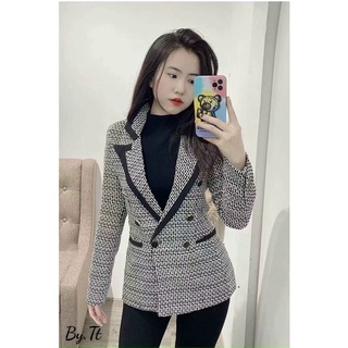 Áo khoác vest blazer dạ tweed zíc zắc viền đen tqxk