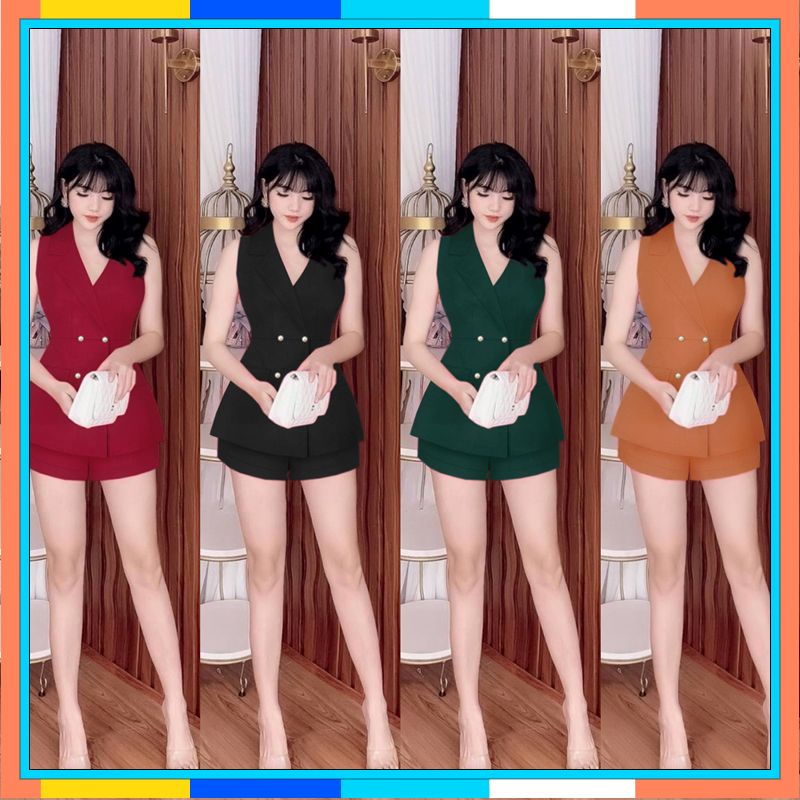 Set vest nguyên bộ quần short áo vest cộc tay phối 4 nút xinh xắn TJ1157