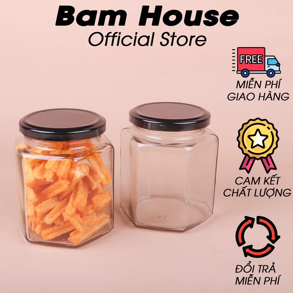 Hủ thủy tinh lục giác 450ml Bam House có nắp nhôm đen đựng gia vị và thực phẩm cao cấp HLG01 – Gia dụng bếp