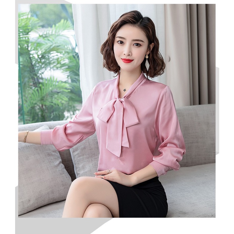 Áo Sơ Mi Kiểu Công Sở Đẹp CHIPY Tay Dài Cổ Thắt Nơ Màu Hồng Chất Lụa Cao Cấp From Rộng Hàn Quốc Ulzzang Vintage A1H | BigBuy360 - bigbuy360.vn