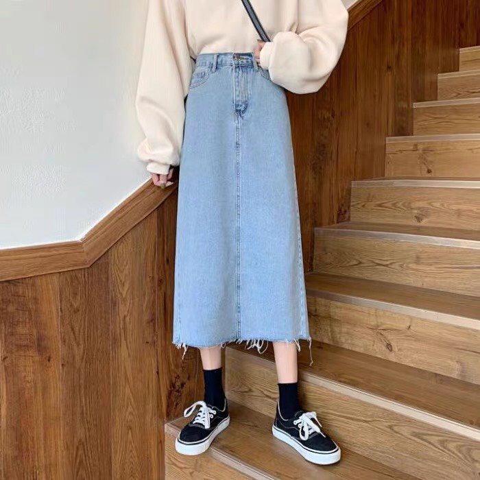 Chân váy cạp cao dài qua gối tua gấu xẻ sau phong cách_A10