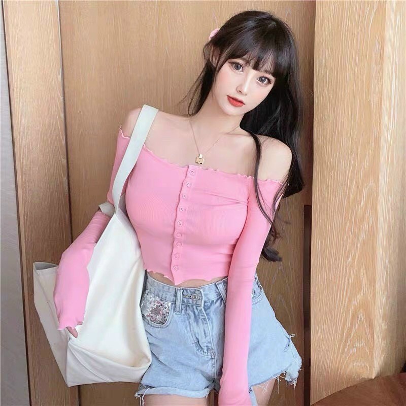 Áo Trễ Vai Tay Dài Phối Nút | Croptop 🎀By bear.story