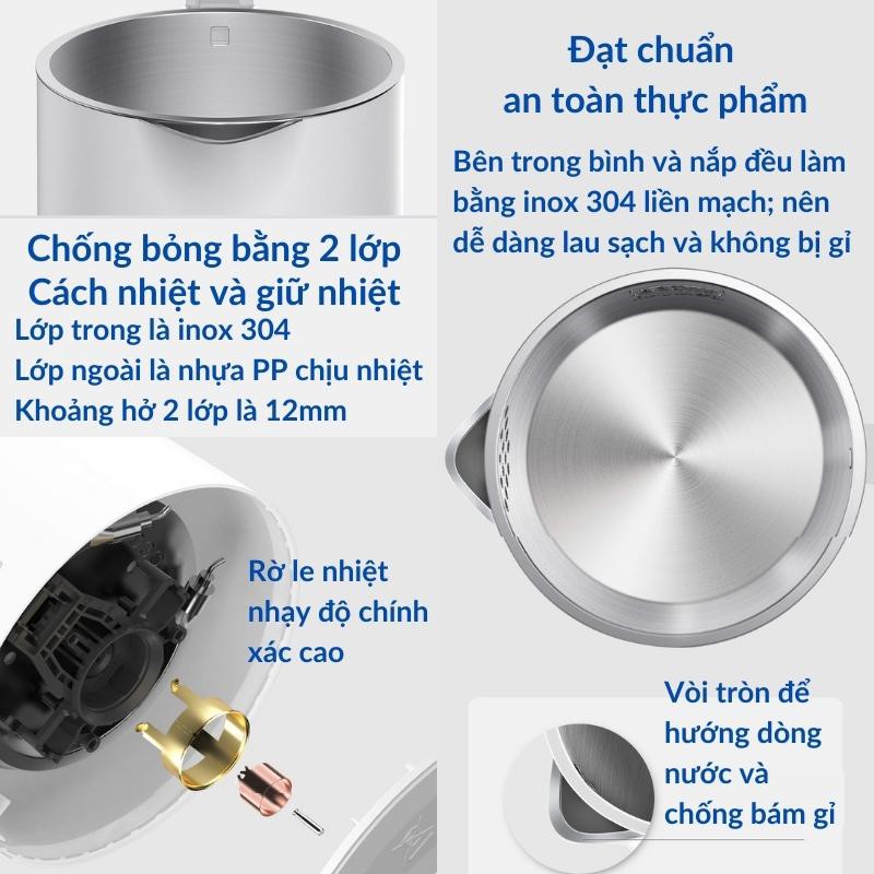 Ấm Siêu Tốc  Bình Đun Nước Điện Chống Bám Cặn Inox 304 1.7L 1850W Bugu K2P