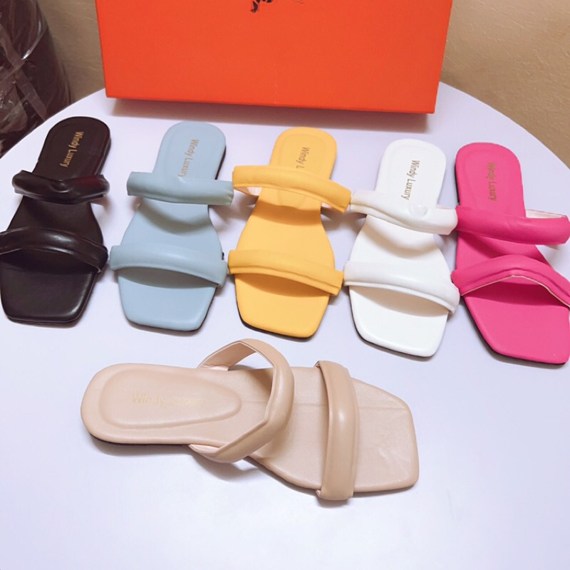 Dép lê nữ đế bệt 2 quai dày phồng da lì hot hit