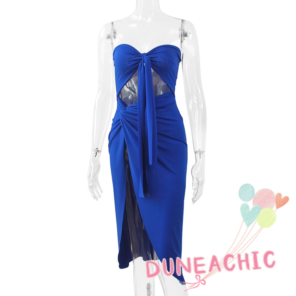 Đầm dự tiệc DUNEA L0719 xẻ tà cao hở vai phối ruy băng thời trang cho nữ