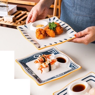Đĩa sứ vuông kèm ngăn chấm tiện lợi, đĩa sứ phong cách gốm Nhật