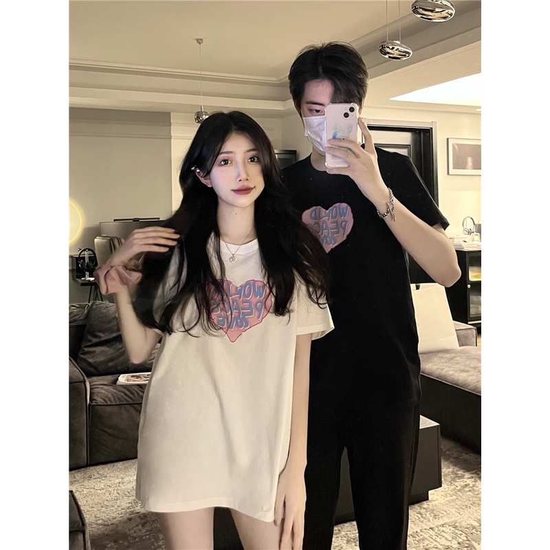 Áo Thun Đen Tay Ngắn Dáng Rộng In Họa Tiết Trái Tim Phong Cách Hàn Quốc Thời Trang Cho Nữ