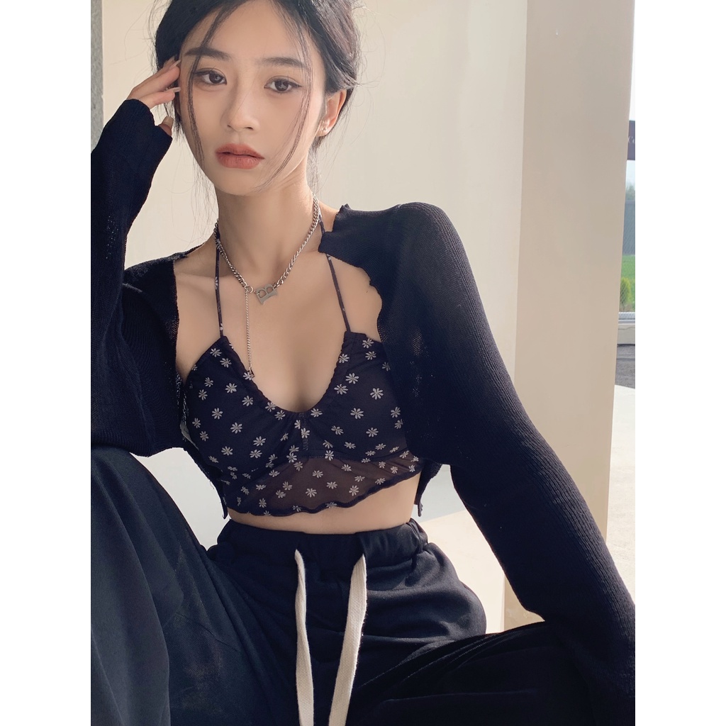 Set Áo Hai Dây Và Áo Khoác cardigan Họa Tiết Hoa Phong Cách Hàn Quốc Thời Trang Mới Cho Nữ