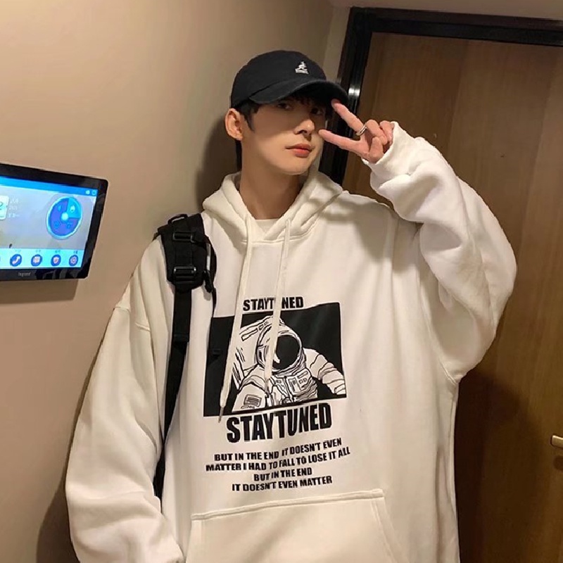 Áo hoodie tay dài dáng rộng in hình phi hành gia thời trang phong cách Hàn Quốc cho nam size M-3XL