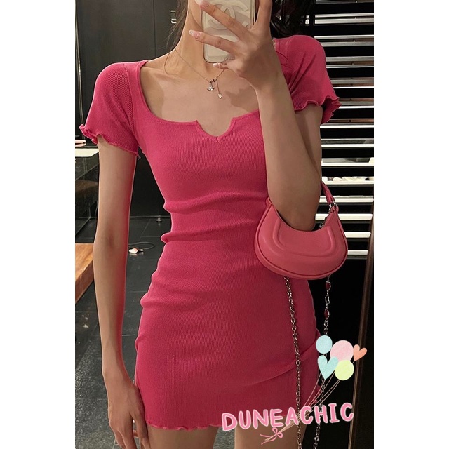 DUNEA Đầm Dệt Kim Tay Ngắn Cổ Vuông Thiết Kế Trẻ Trung Cho Nữ