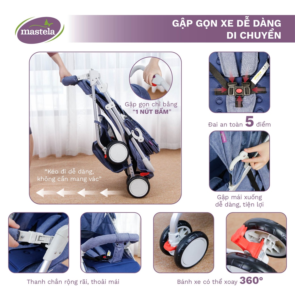 Xe đẩy cho bé du lịch Mastela A2 - Khung Aluminum cao cấp siêu nhẹ, dễ dàng gấp gọn, bảo hành 12 tháng chính hãng