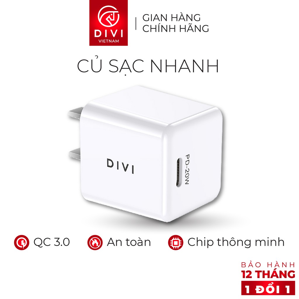 Củ sạc nhanh DIVI P2230 Sạc nhanh PD, QC 3.0 Công suất 20W Cổng sạc Type C - Hãng phân phối chính thức 1 đổi 1