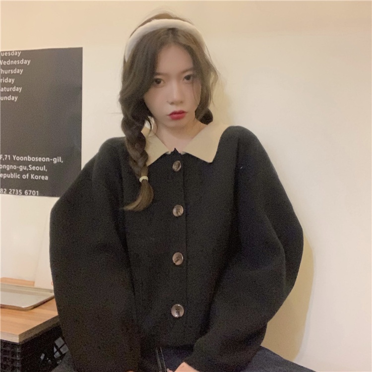 Áo khoác Cardigan dệt kim tay dài 173759Áo Sweater cổ POLO dáng rộng phối nút màu sắc trẻ trung xinh xắn | BigBuy360 - bigbuy360.vn