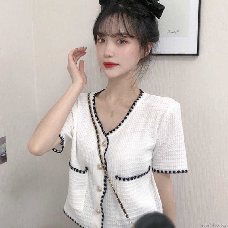 Áo dệt kim tay ngắn phong cách Hàn Quốc trẻ trung cho nữ