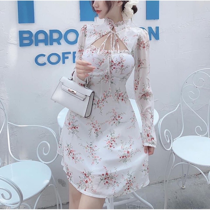 Đầm hoa cutout ngực viền bèo thắt nơ cổ 10268 | BigBuy360 - bigbuy360.vn