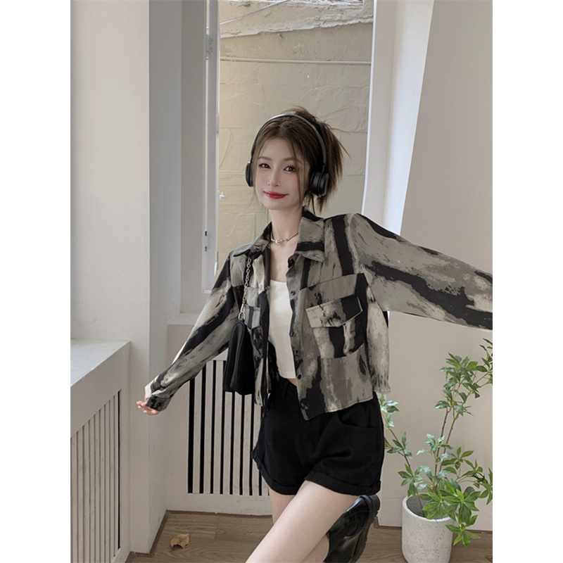 Áo Sơ Mi Ngắn Tay Dài Nhuộm Màu Xám Thiết Kế Mới Phong Cách retro Mỹ Dành Cho Nữ