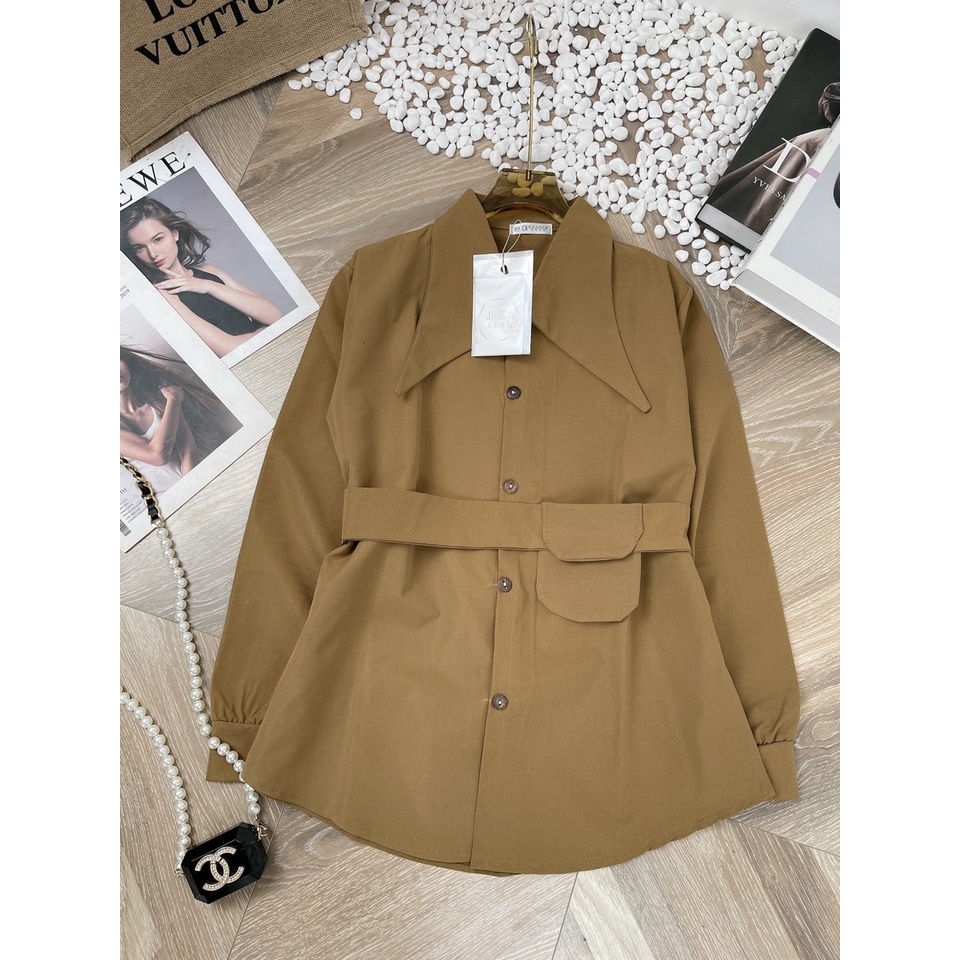 ÁO SƠ MI DÀI TAY ĐAI TÚI MÀU NÂU TÂY SIÊU XINH