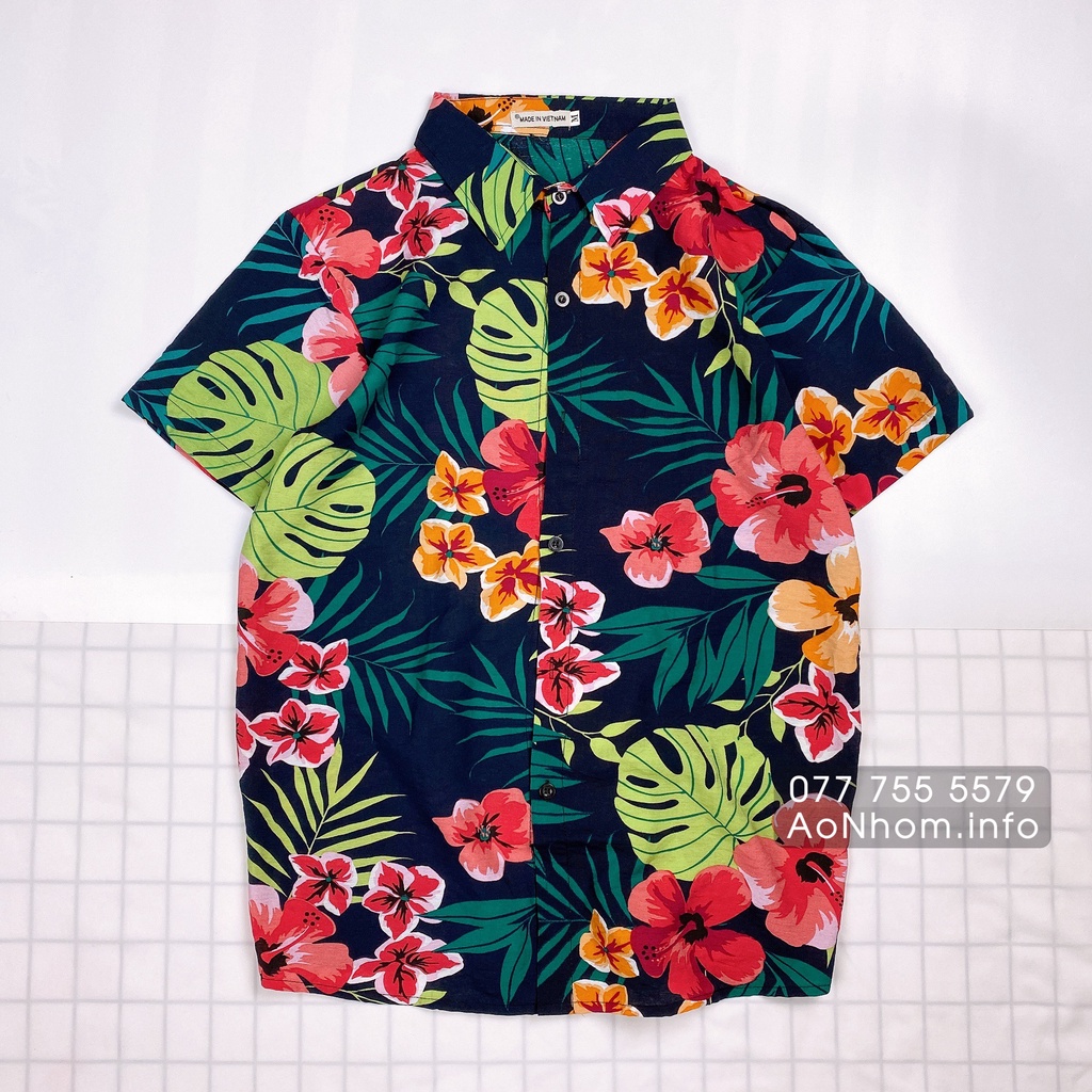 Áo Sơ Mi Đi Biển Mềm Mát - Bông Bụt Đen - Áo Đôi Nhóm Lớp Team Building, Hoạ Tiết Hoa Lá Trái Cây Hawaii #AB022