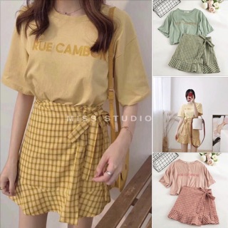 Set Áo Thun  Phối Chân Váy Kẻ