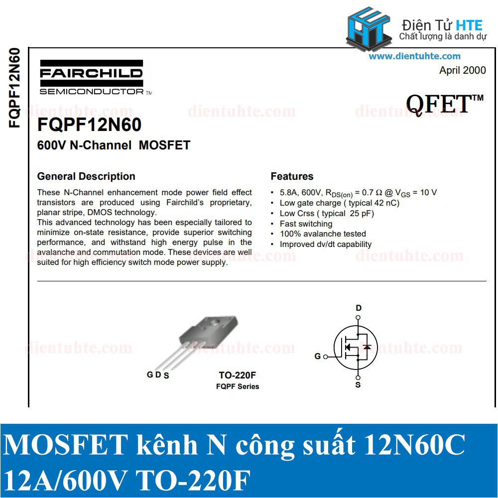 N-MOSFET công suất FQPF12N60C 12N60C 12N60 12A 600V chính hãng