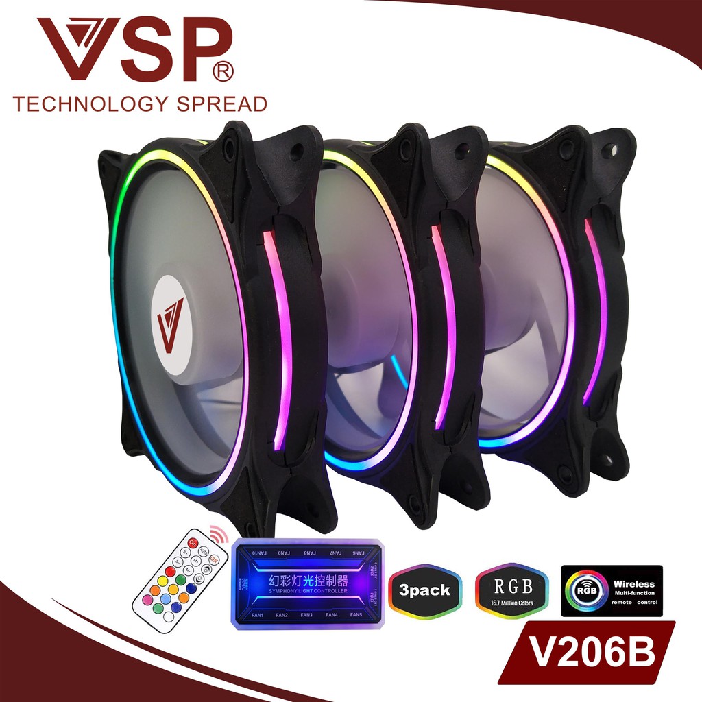 Bộ 3 Fan VSP V206B Led RGB kèm hub và remote Cho Case kính cường lực