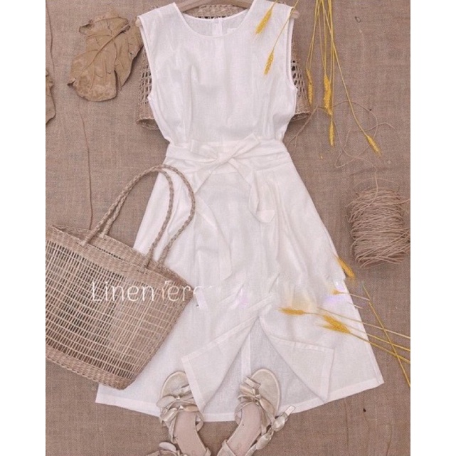 Đầm linen xẻ thắt nơ cực xinh