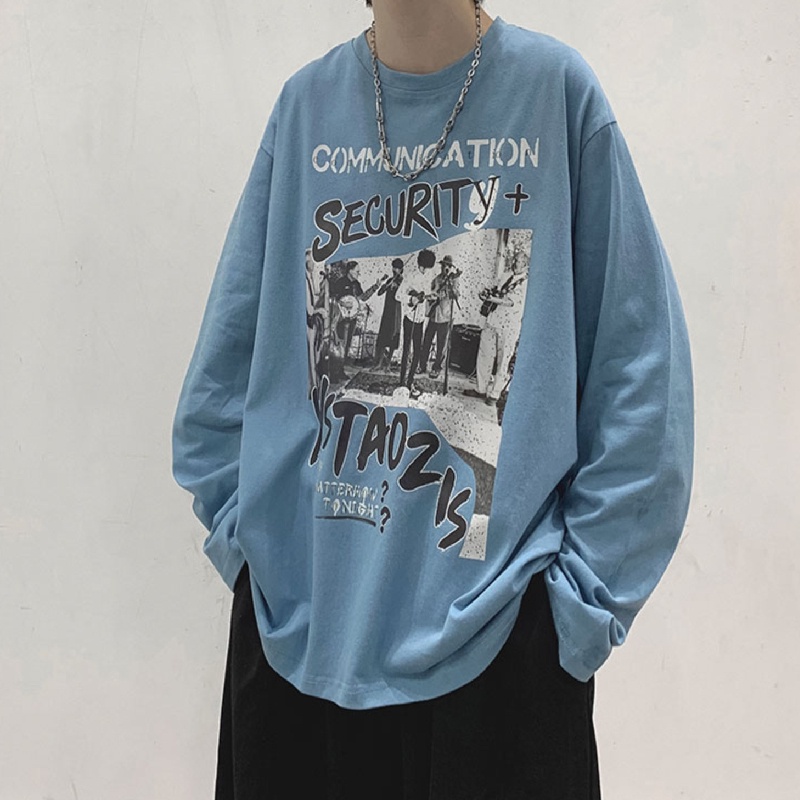 Áo thun tay dài dáng rộng in họa tiết hoạt hình phong cách đường phố Hàn Quốc cho nam size M-5XL