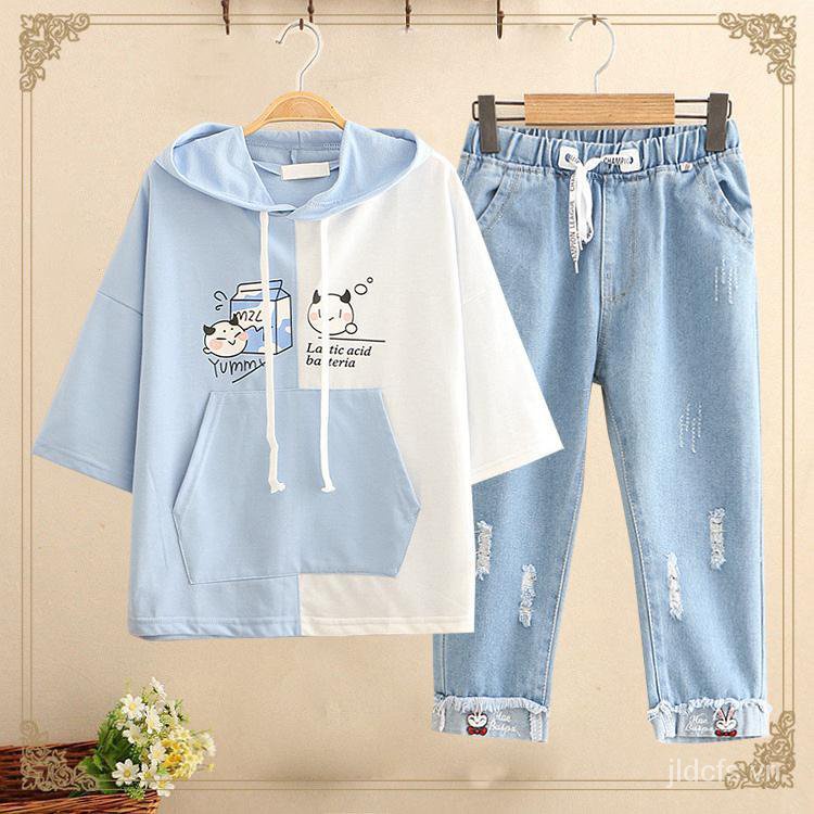 Bộ Áo Hoodie Tay Ngắn Dáng Rộng Dễ Thương Thời Trang Mùa Hè Dành Cho Nữ 12-15 Tuổi / Học Sinh 13older