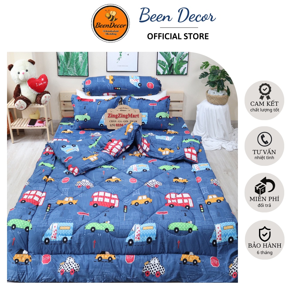 [ Chăn Phao ] Bộ 5 Món Chăn Phao Ga Gối Mẫu Ô tô Poly COTTON Chăn Bông Trần [ Chăn phao + Ga chun + 2 Vỏ gối + Vỏ ôm ]