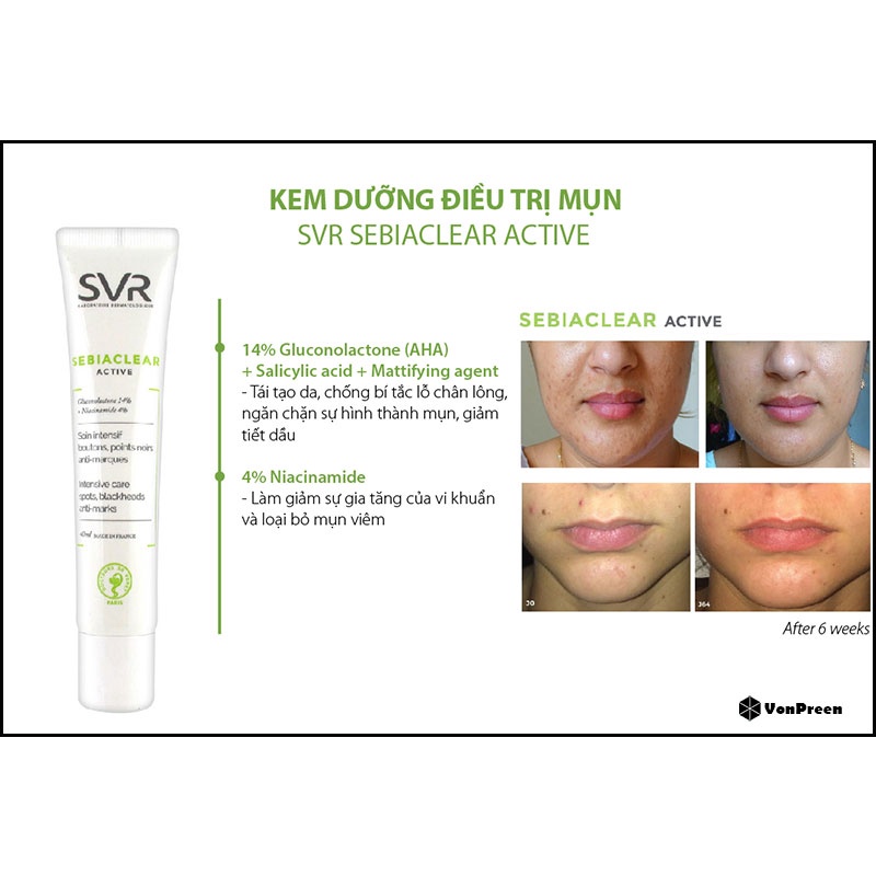 Kem Dưỡng Kiềm Dầu, Ngừa Thâm, Giảm Mụn và Thu Nhỏ Lỗ Chân Lông SVR Sebiaclear Mat + Pores Và SEBIACLEAR Active 40ml