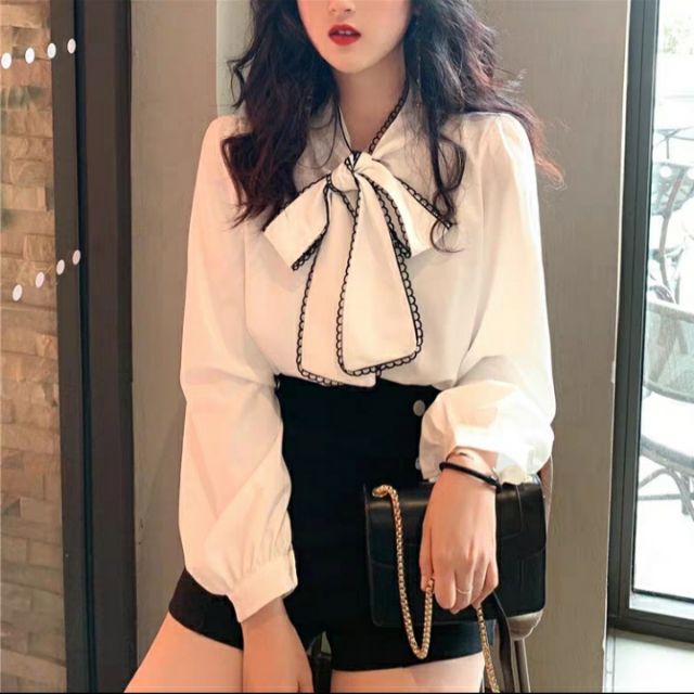 Áo sơ mi kiểu nữ cổ thắt nơ tiểu thư dài tay Hàn Quốc ulzzang