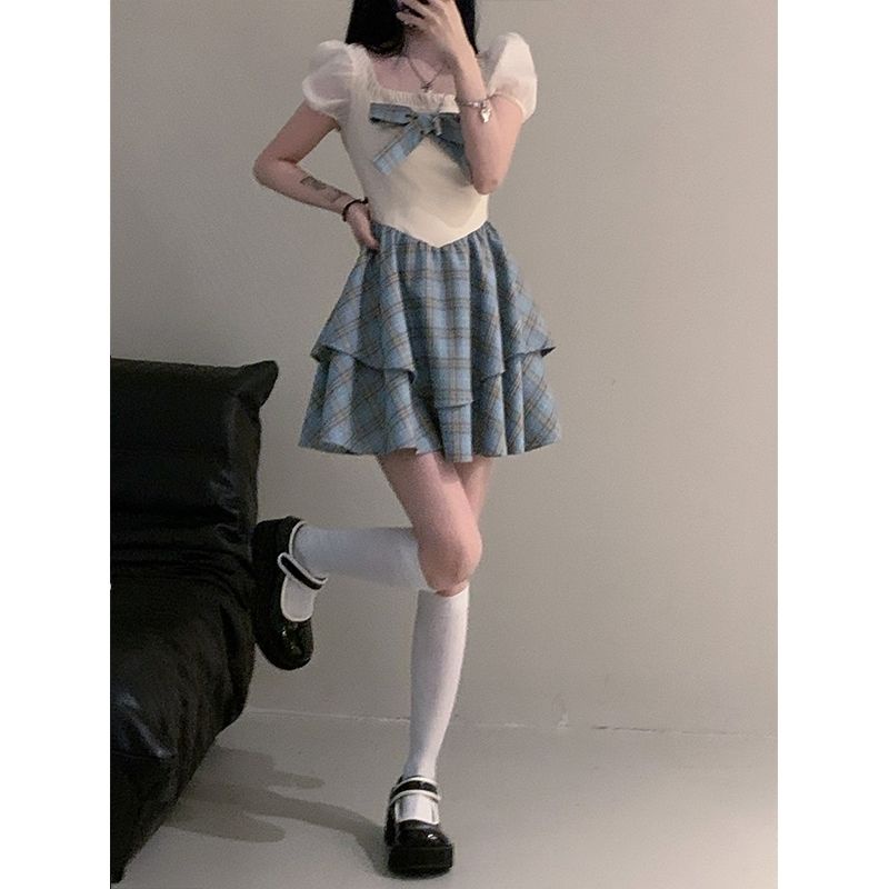 Đầm Dáng Chữ A Họa Tiết Sọc Caro Phối Nơ Ngọt Ngào Thời Trang Mùa Hè Phong Cách Hàn Quốc Mới Cho Nữ